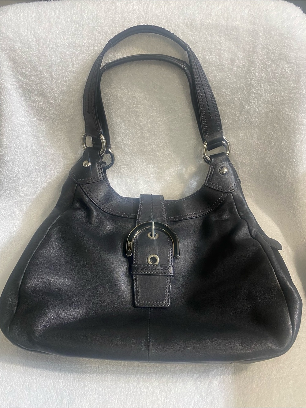 Coach Black Leather Shoulder Bag with Polished Buckle
